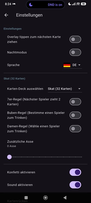 Asse ziehen - Einstellungsmenü